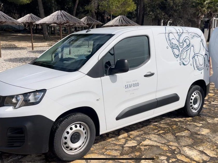 White Peugeot Partner van lettered Macinic Fish Market with octopus tentacle artwork, rear doors open, parked on stone near beach umbrellas