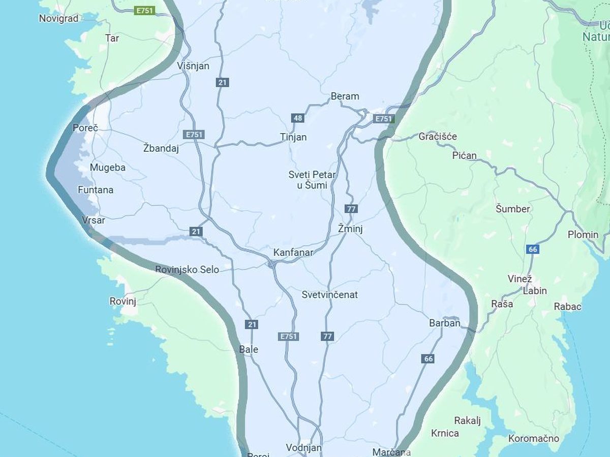 Ručno crtana karta Istre s područjem dostave Macinic u unutrašnjosti i duž zapadne obale